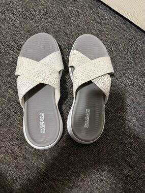 Skechers Women’s White Crossband Slide Sandals with Gray Footbed